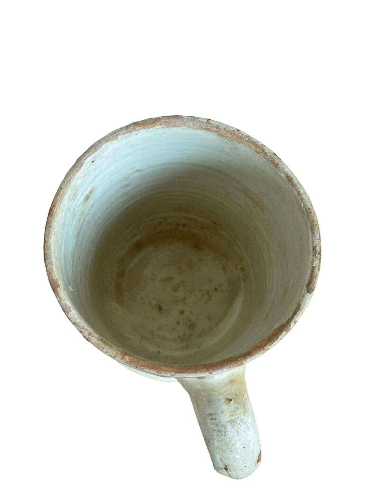 Antique Earthenware Mug With Handle, Denmark. White Coating With Blue Paint And Clear Glaze. Late 1800s. Cottage Core / Farm House Style photo furniture