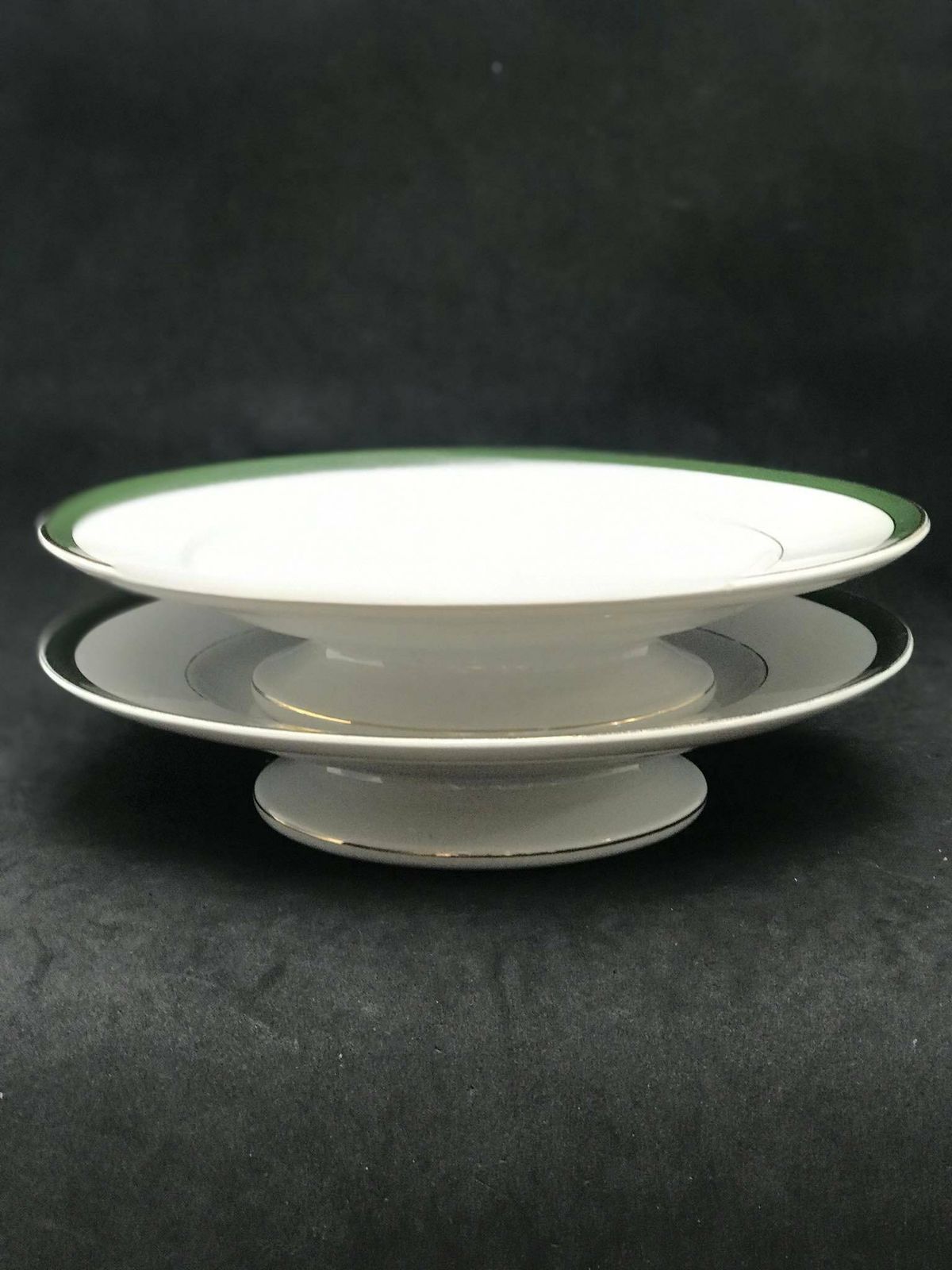 Antique Set Of 2 Displays Desserts/Sandwiches/Cakes/Pastries Villeroy And Boch Mettlach Green Golden Rim XIX Century Plates German Porcelain photo furniture