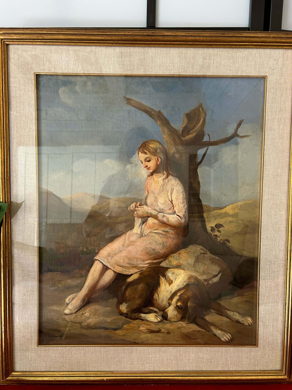 "A Girl And Her Dog" Italian Early 20th Century Oil On Canvas