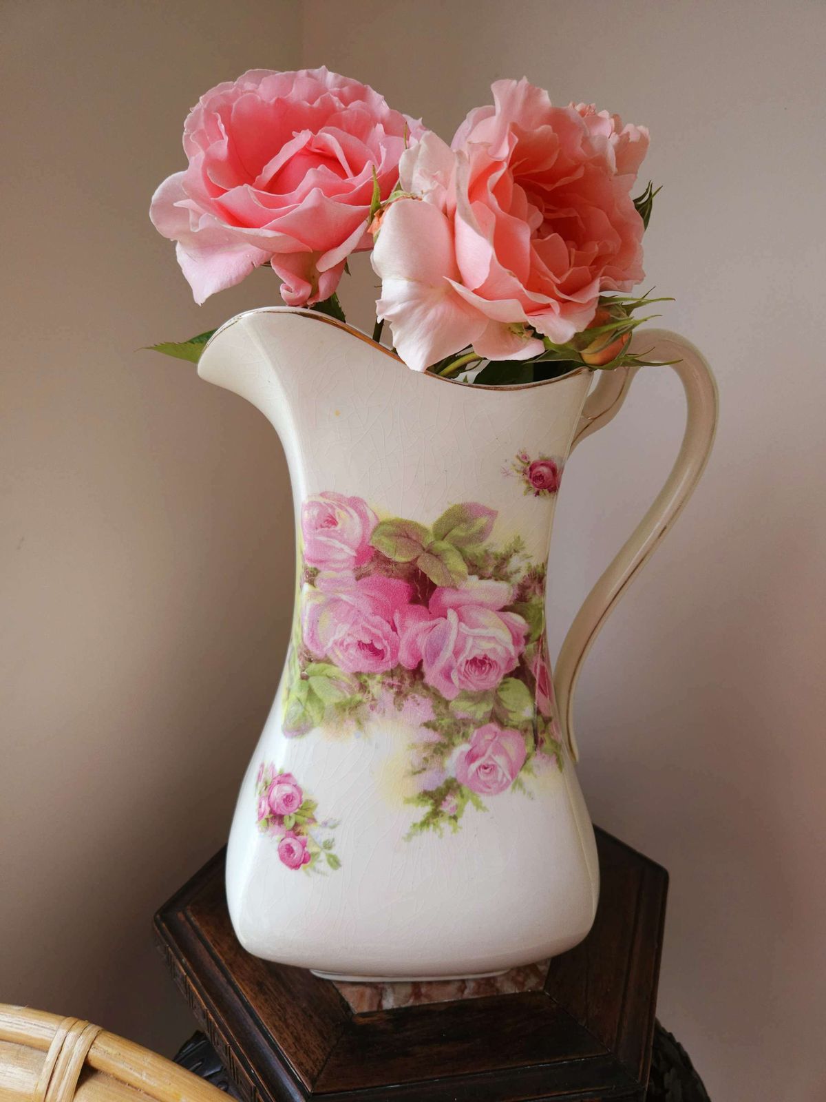 Spectacular, Large, Art Deco, Antique Wash Jug Vase With Pink Rose Decoration photo Home Decor