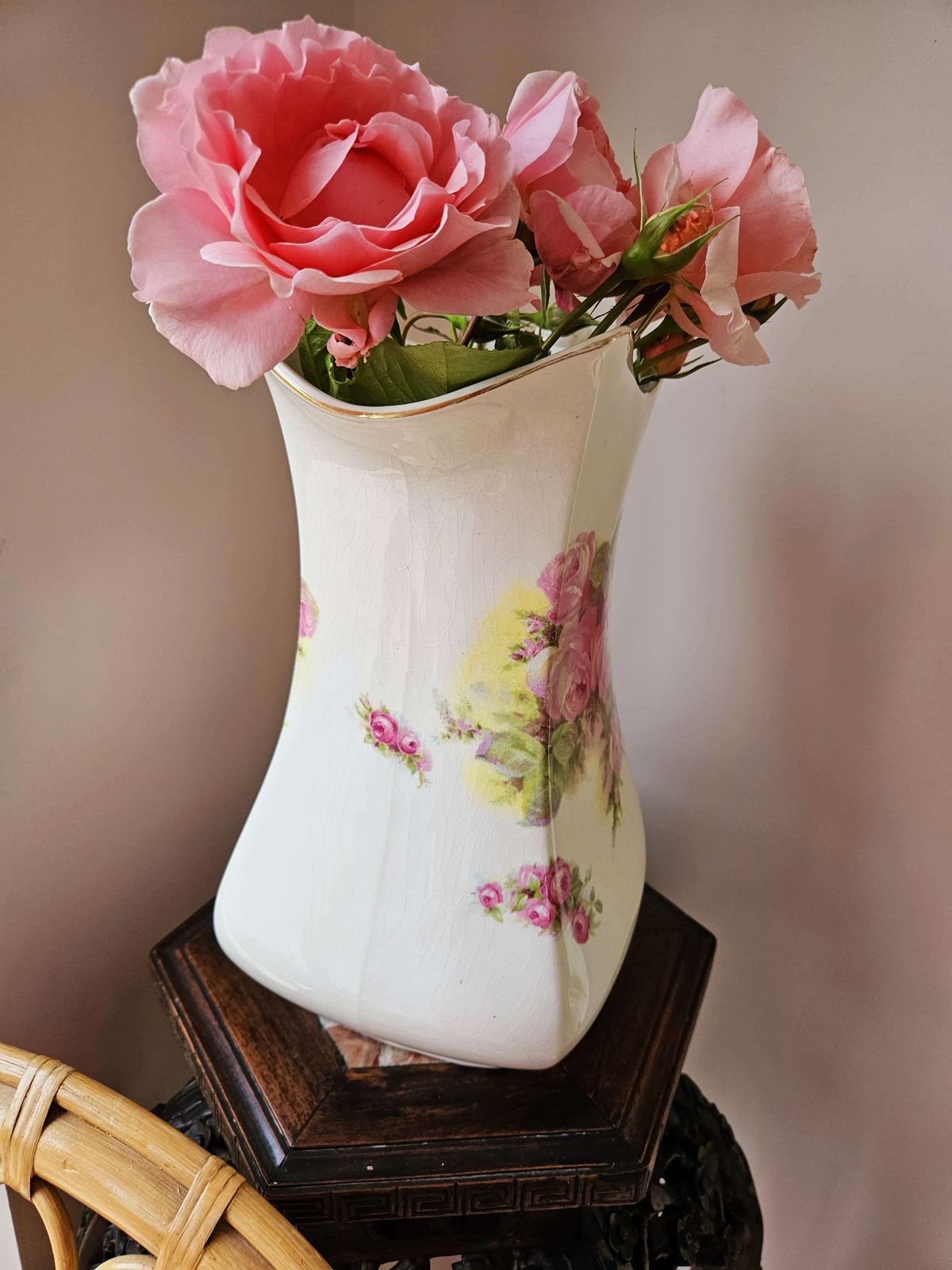 Spectacular, Large, Art Deco, Antique Wash Jug Vase With Pink Rose Decoration photo vinterior