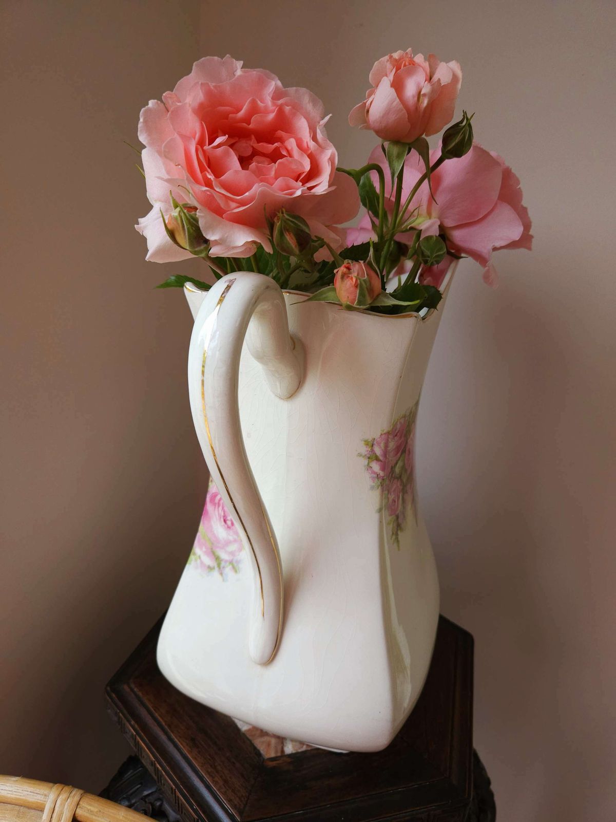 photo furniture Spectacular, Large, Art Deco, Antique Wash Jug Vase With Pink Rose Decoration