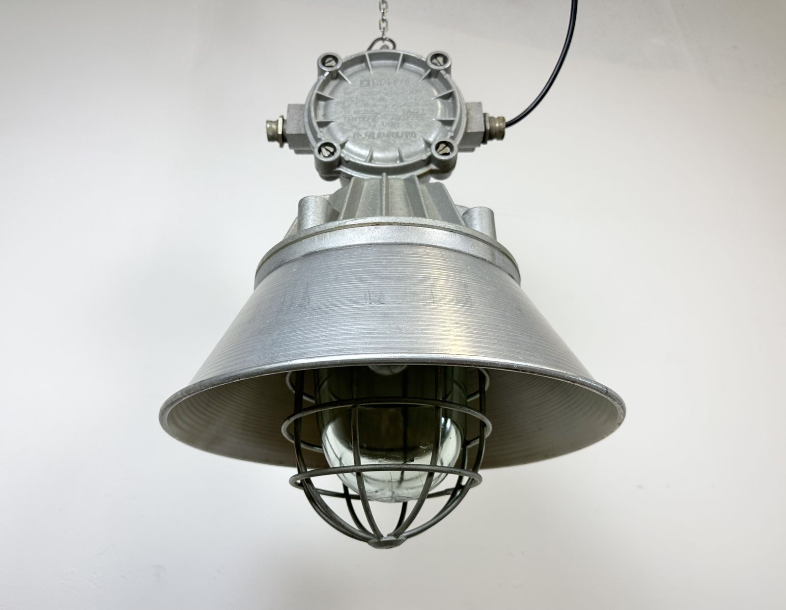 photo buy Large Industrial Cast Aluminium Cage Pendant Light From Polam Wilkasy, 1970s, 2x