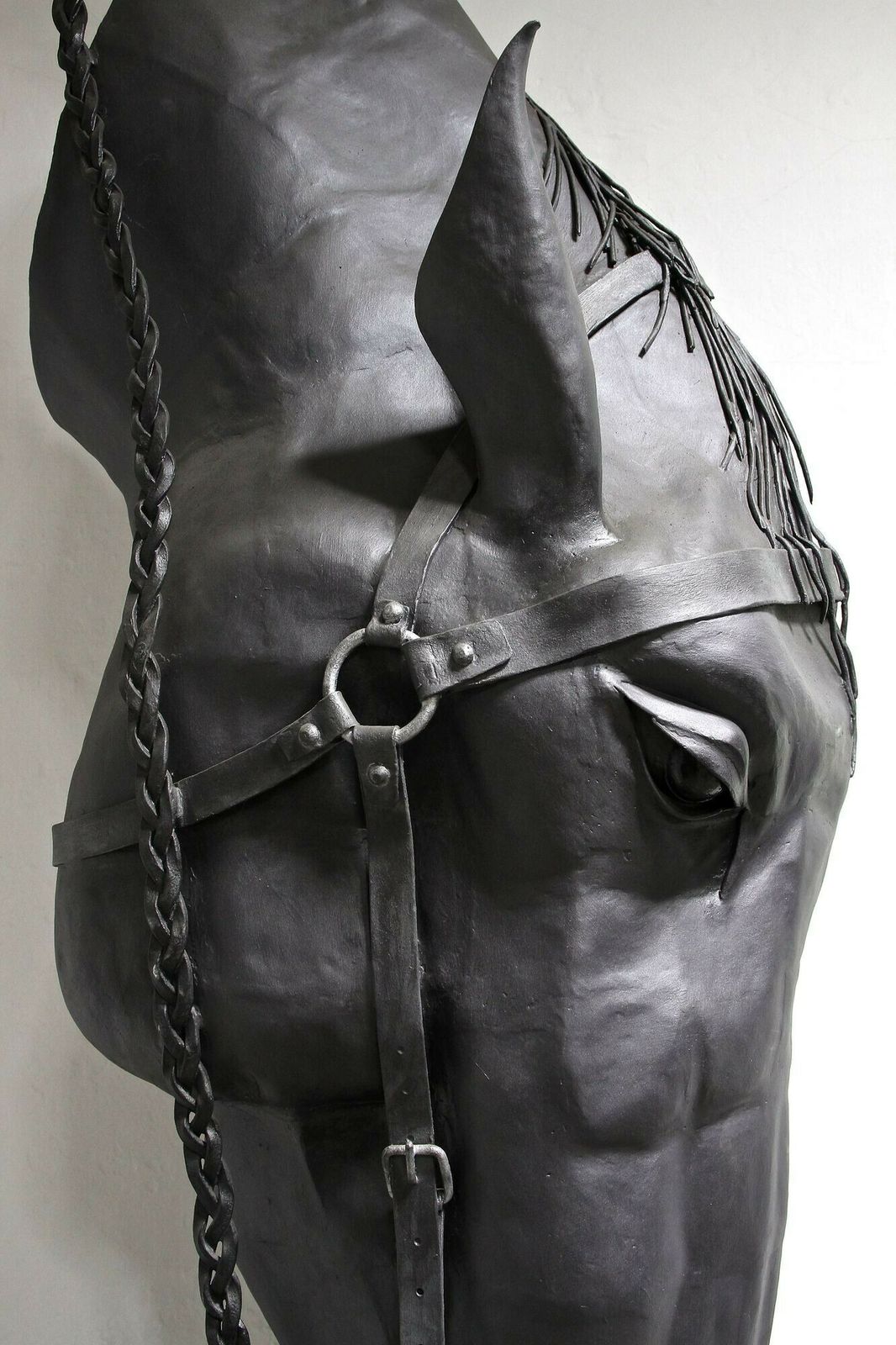 Metal Horse Head Sculpture By G. Fössl, Handforged On Charred Oak Base, 2017 photo for sale