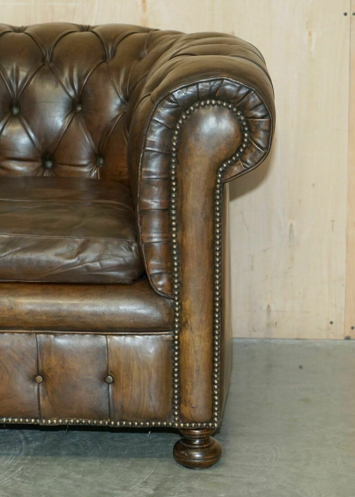 Furniture Vintage Circa 1950's Hand Dyed Brown Leather Chesterfield Club Armchair Walnut photo