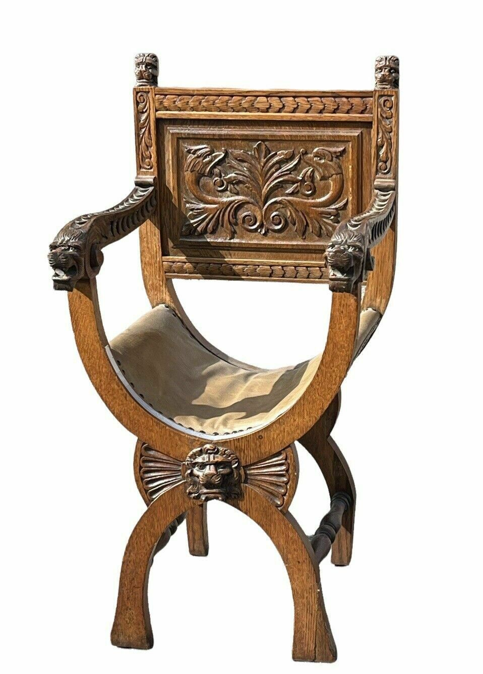 photo for sale Antique Carved Oak Chair, With Carved Lion Heads Decoration