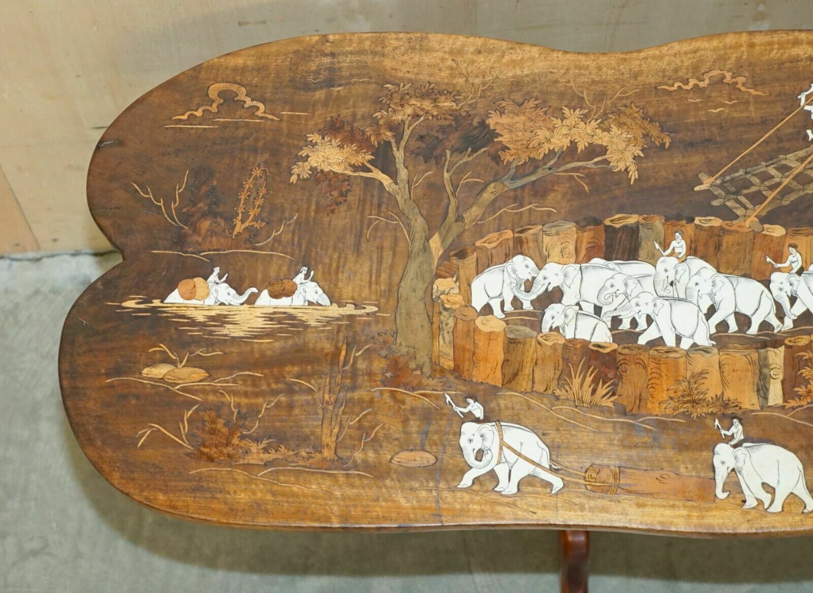 Furniture Large Antique Japanese Shibayama Inlaid Elephant Trainers Rosewood Coffee Table photo