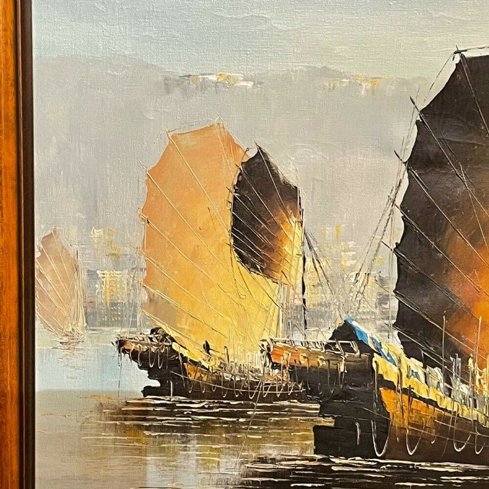 Large Framed Oil Painting Of A Hong Kong Harbour Scene With Junk Boats On Canvas photo for sale