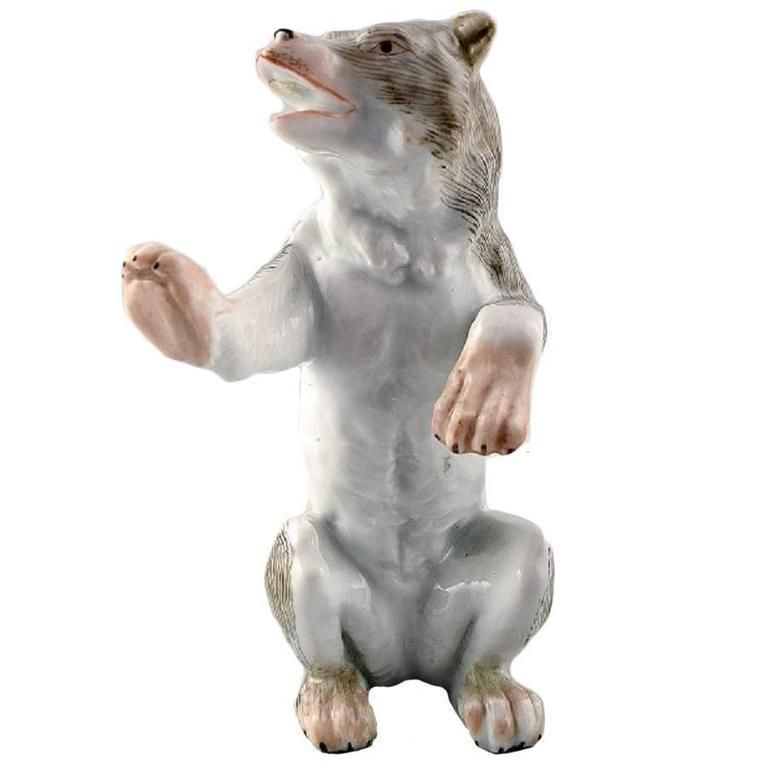 Antique Porcelain Figurine Of Standing Bear, Meissen Style, Late 19th Century