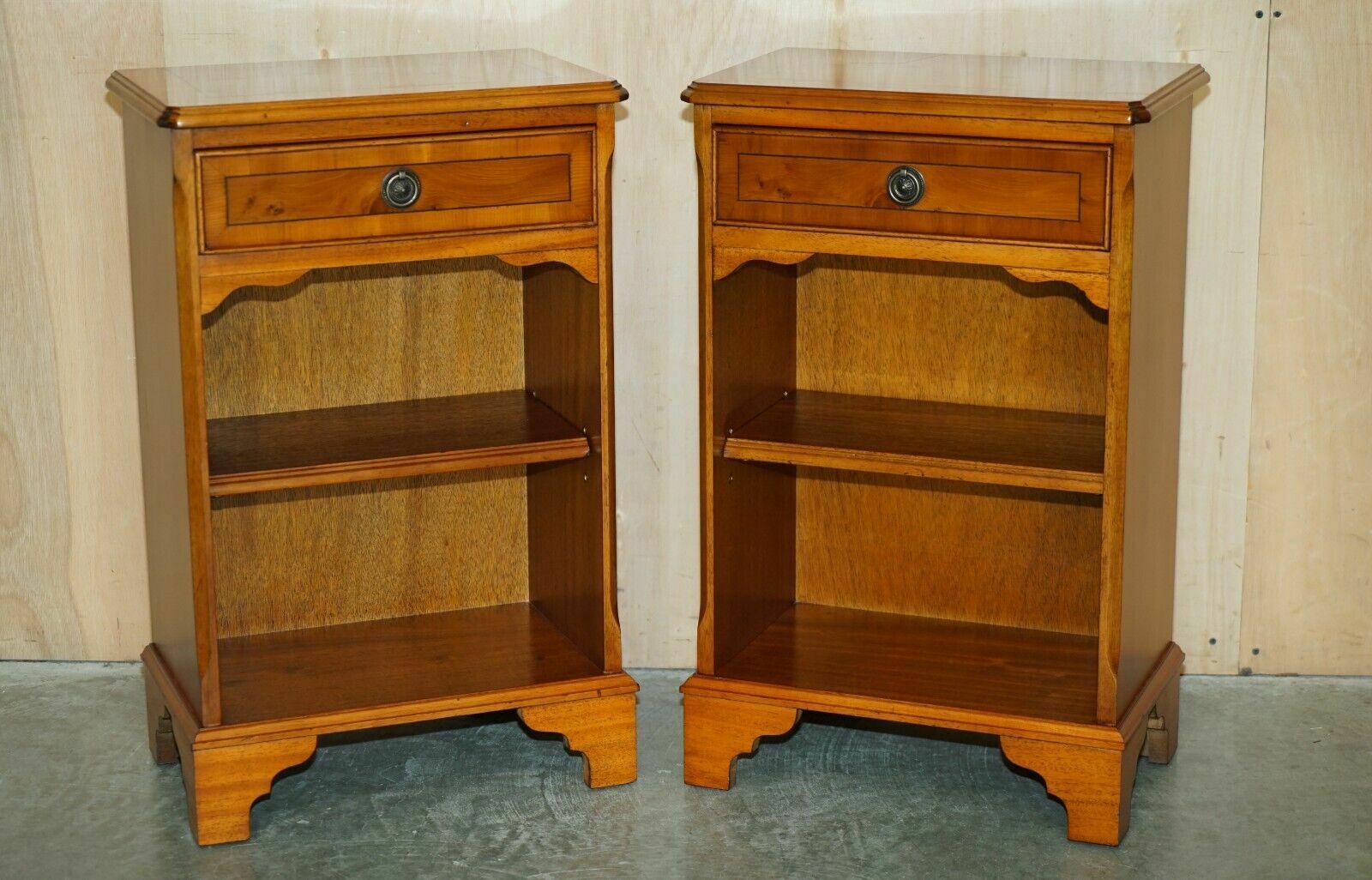 Pair Of Vintage Burr Yew Wood Lamp Side End Wine Tables Open Bookcases photo furniture