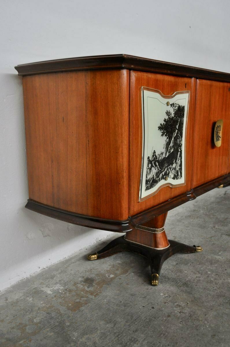 Credenza Superiore In Mogano, Pera, Ottone E Vetro Marmorato Laccato Posteriore Con Specchio Di F.Lli Rigamonti Desio, Milano photo vintage