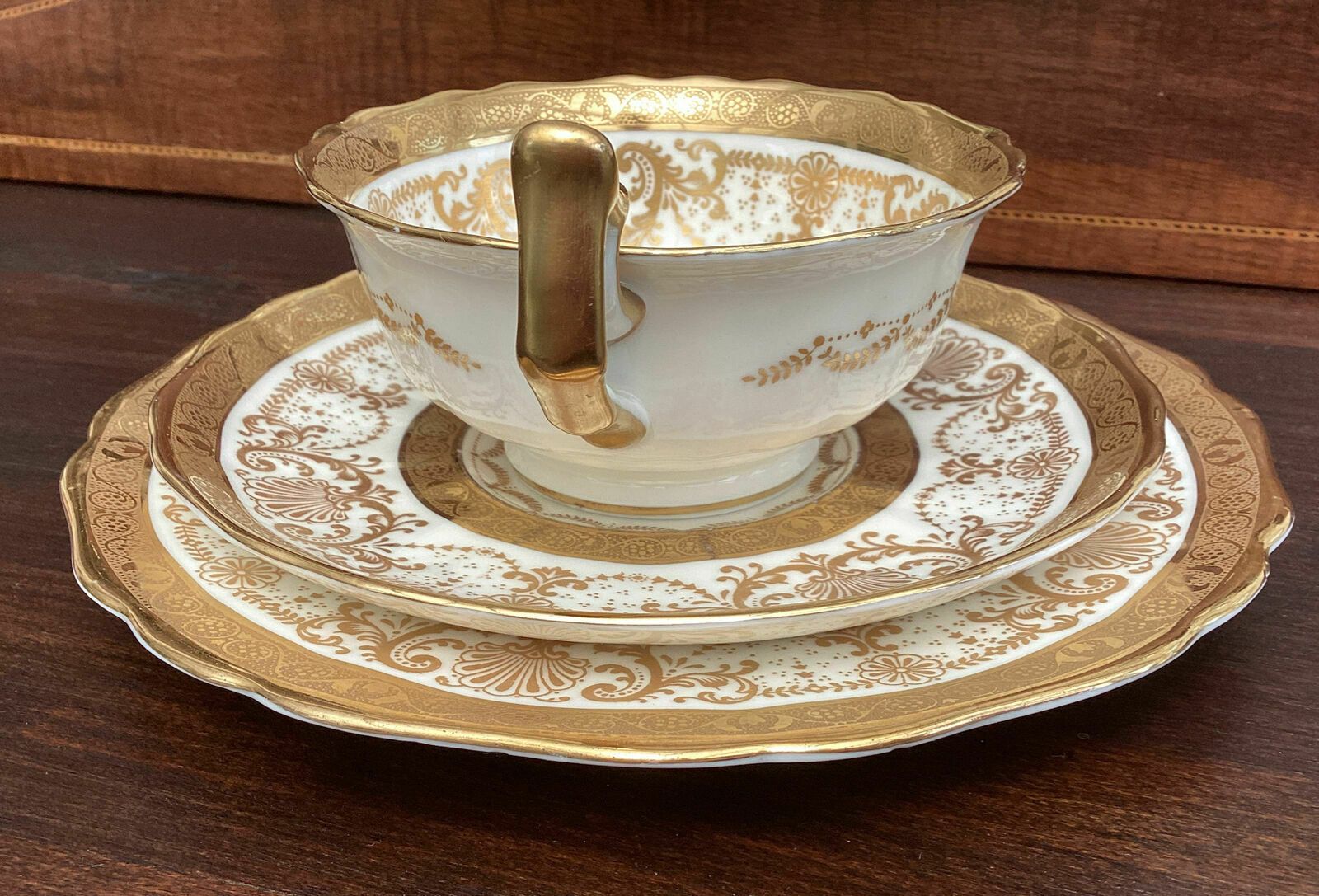 Beautiful And Rare Antique Cauldon Embossed Gilt Cabinet Tea Trio photo vinterior