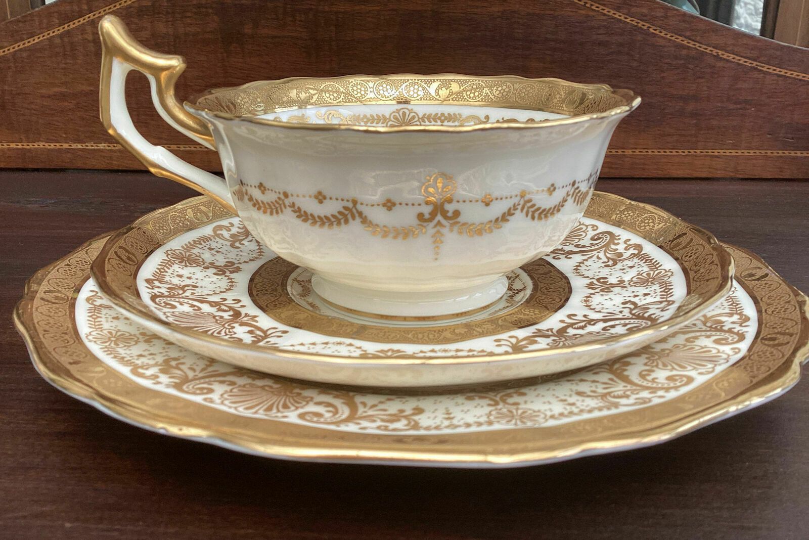 Beautiful And Rare Antique Cauldon Embossed Gilt Cabinet Tea Trio photo buy