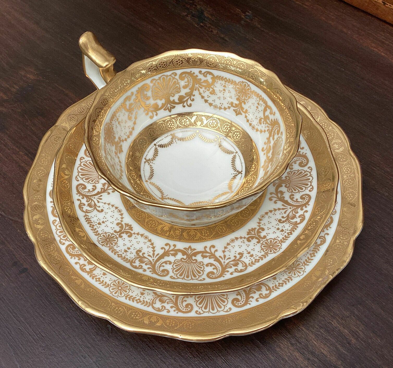 photo furniture Beautiful And Rare Antique Cauldon Embossed Gilt Cabinet Tea Trio