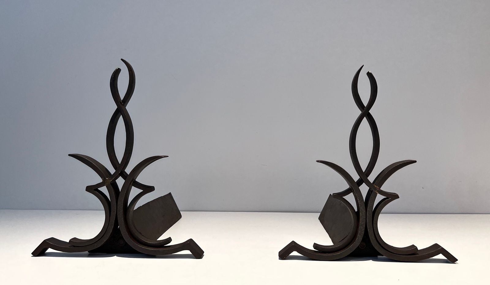 Pair Of Wrought Iron Andirons By Raymond Subes