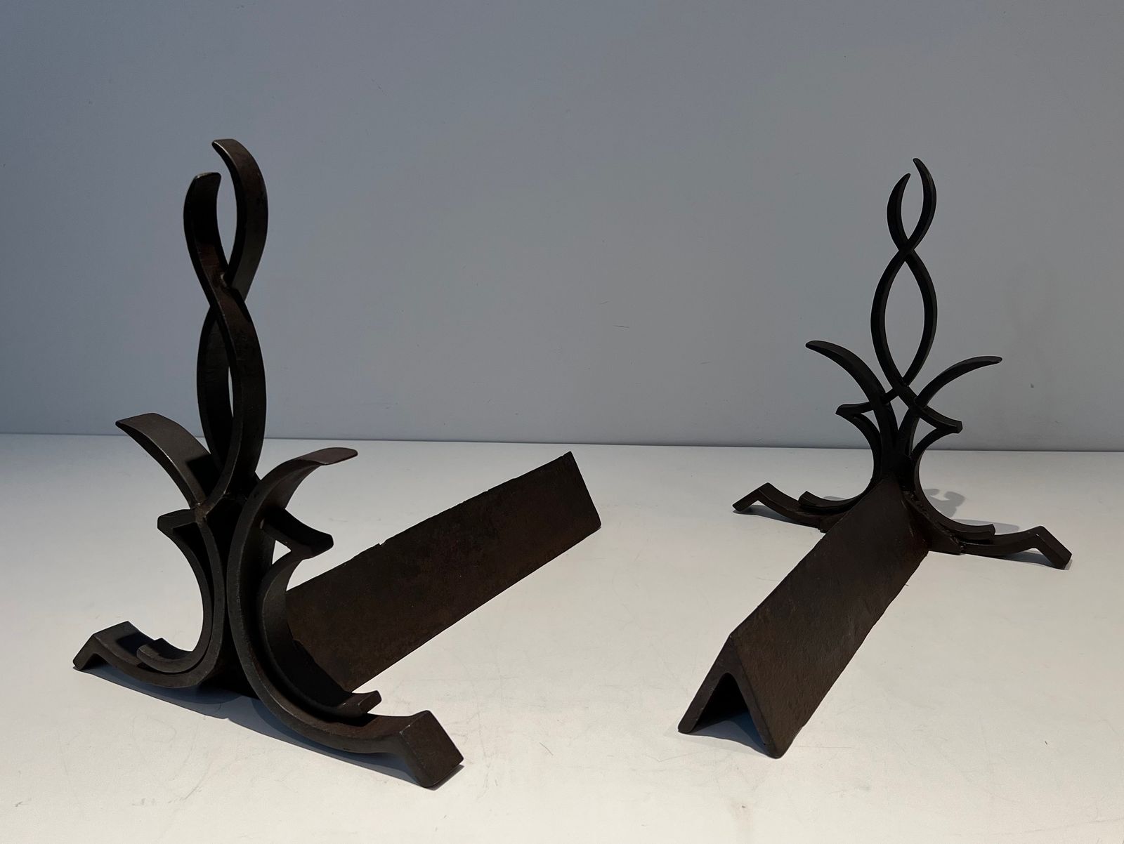 Pair Of Wrought Iron Andirons By Raymond Subes photo Art