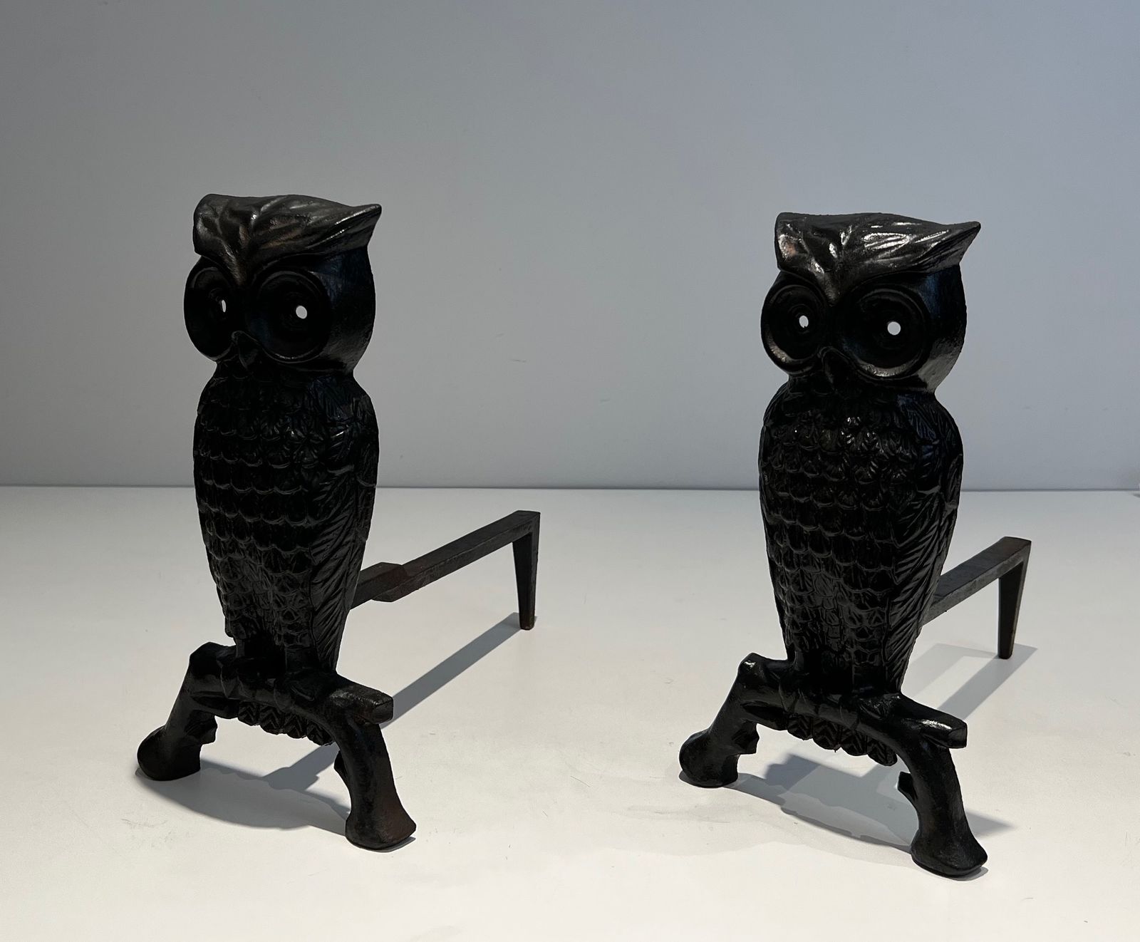 Pair Of Cast Iron And Wrought Iron Andirons Representing An Owl photo for sale