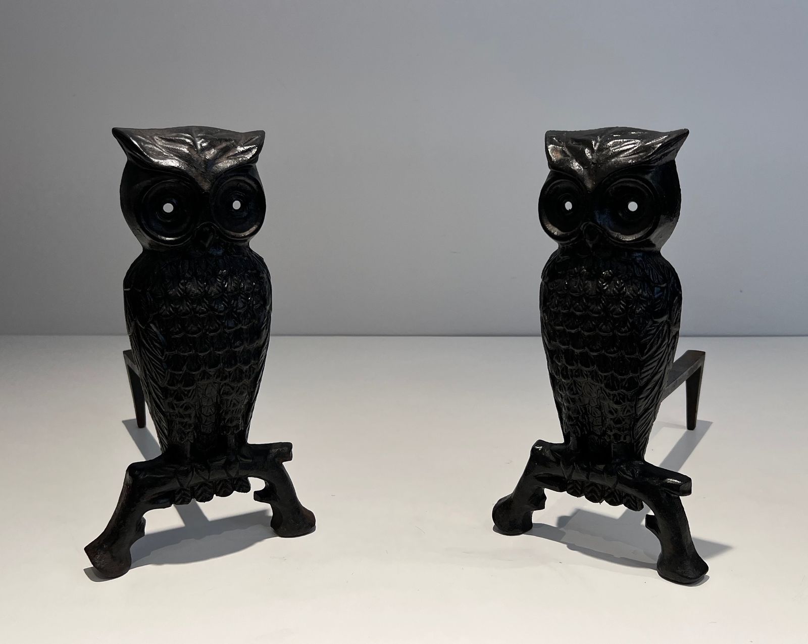 980.0 Pair Of Cast Iron And Wrought Iron Andirons Representing An Owl photo