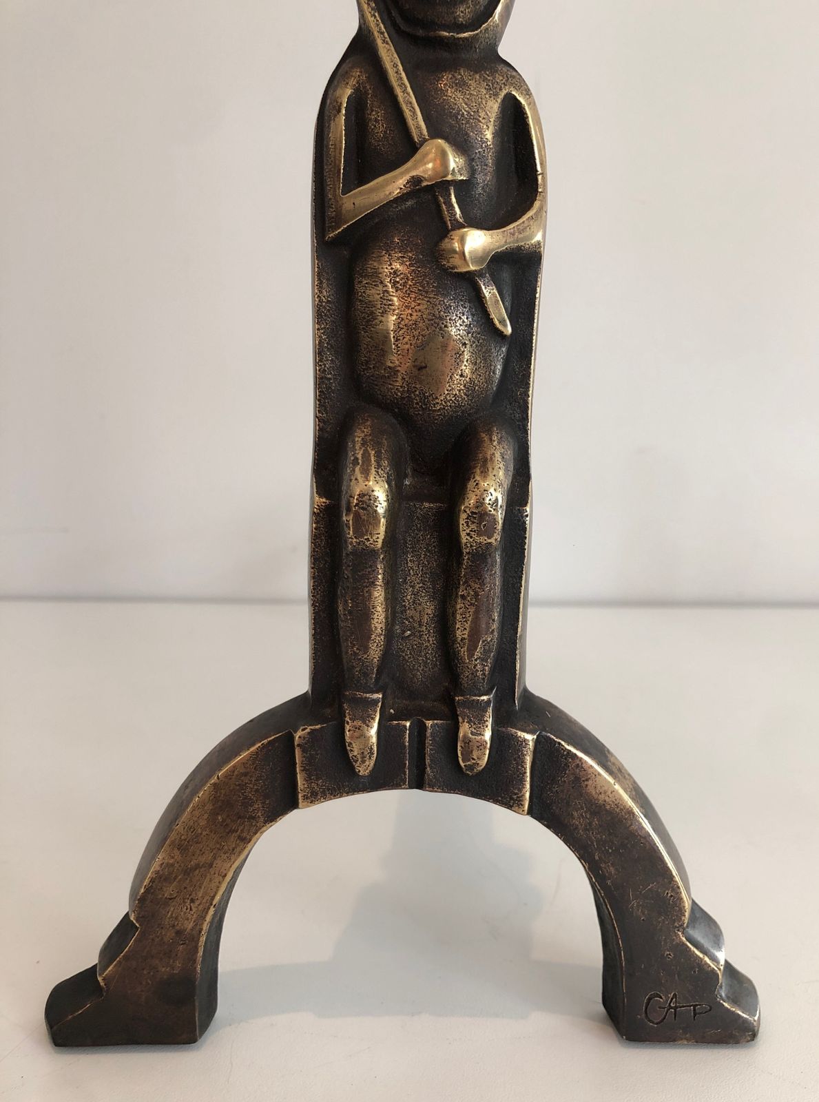 Pair Of Andirons In Bronze With Seated Shamans Monogrammed Anton Prinner photo vintage