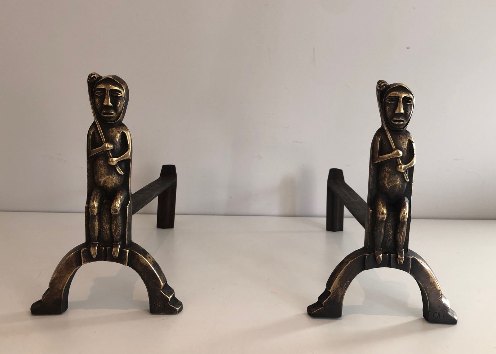 photo vinterior Pair Of Andirons In Bronze With Seated Shamans Monogrammed Anton Prinner
