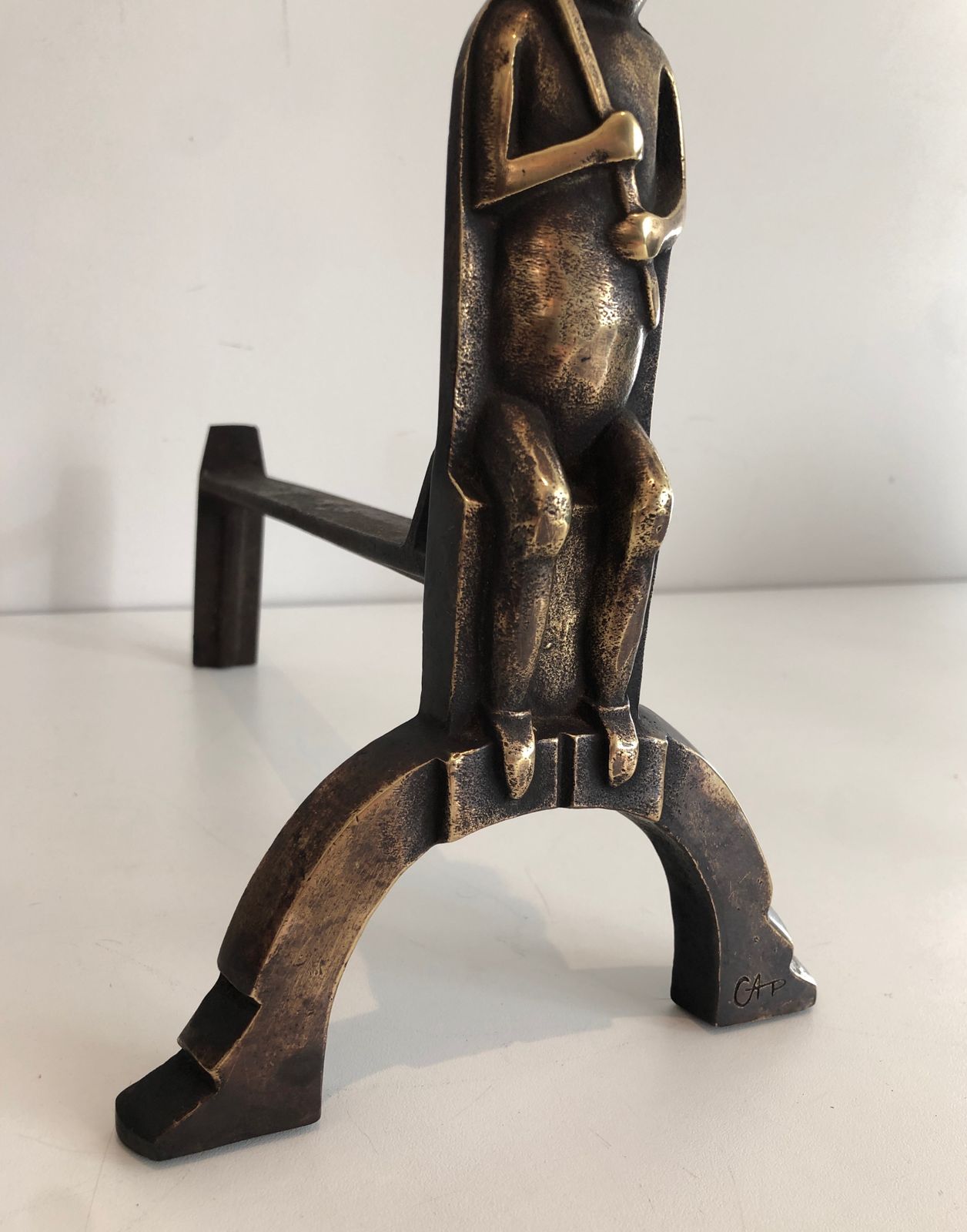 photo buy Pair Of Andirons In Bronze With Seated Shamans Monogrammed Anton Prinner