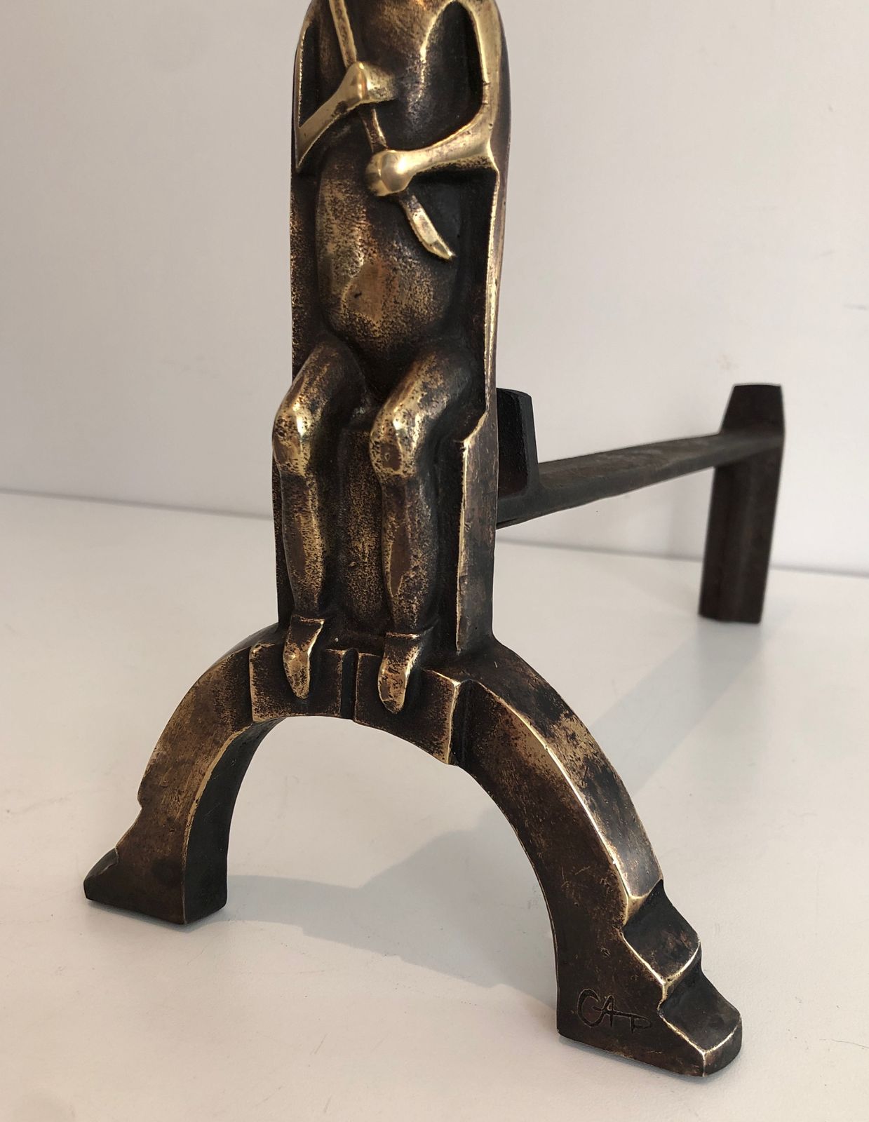 photo vintage Pair Of Andirons In Bronze With Seated Shamans Monogrammed Anton Prinner