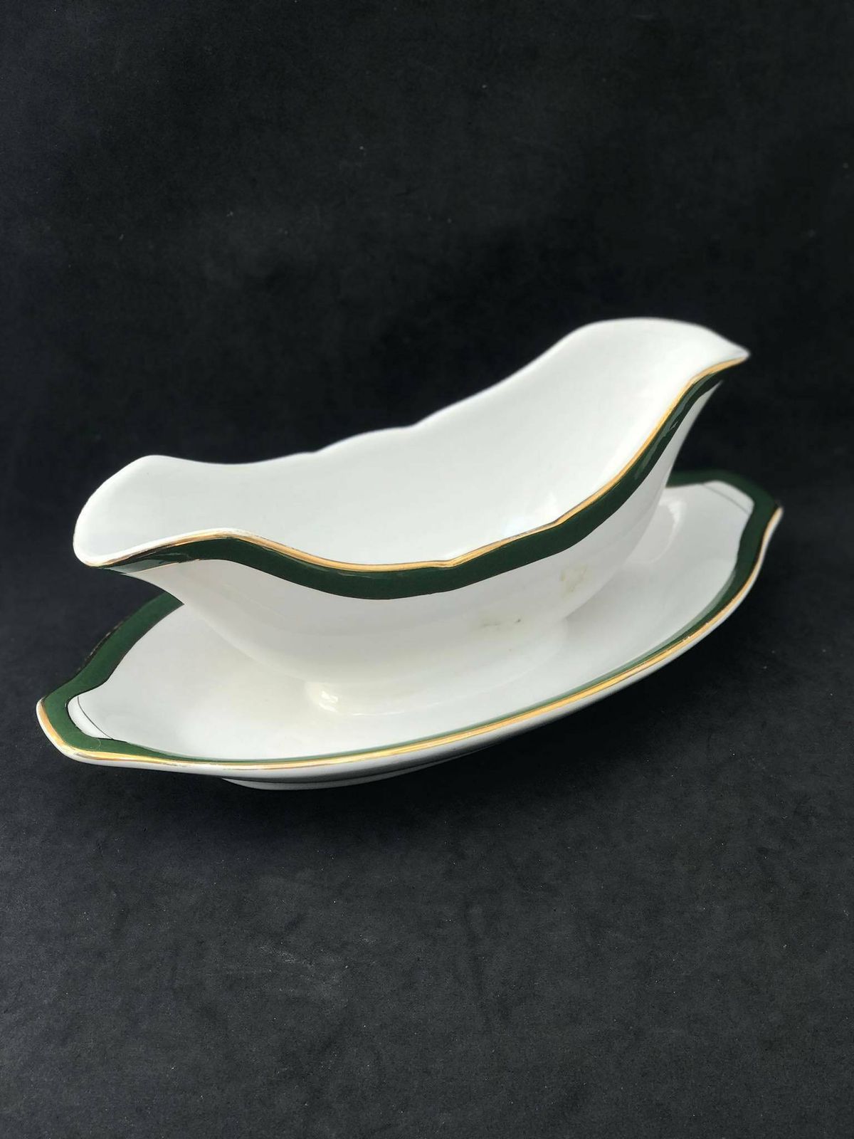 Antique Gravy Boat Sauce Bowl With Under Plate Villeroy And Boch Mettlach Green Golden Rim XIX Century Plates German Porcelain