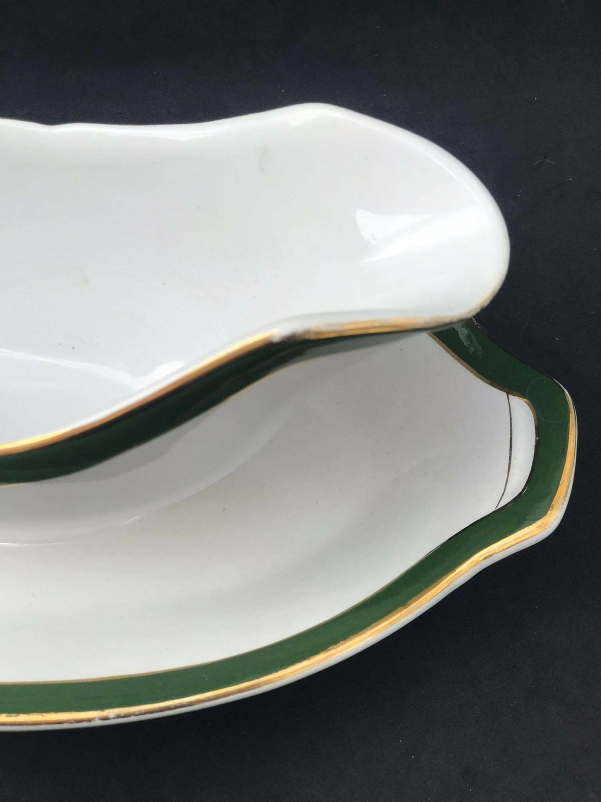 Antique Gravy Boat Sauce Bowl With Under Plate Villeroy And Boch Mettlach Green Golden Rim XIX Century Plates German Porcelain photo buy