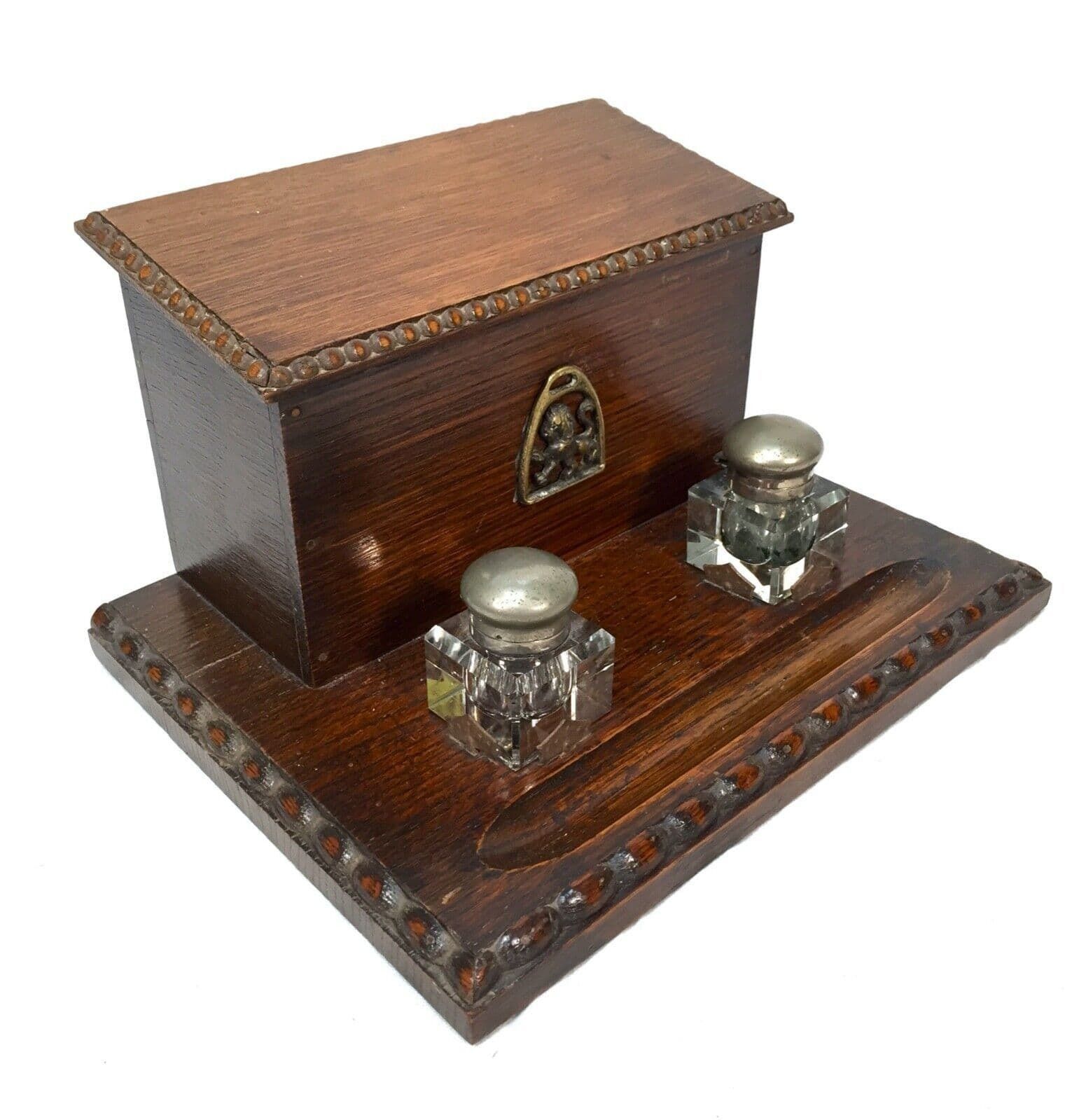 Antique Wooden Oak Stationery Box / Letter Desktop Tidy / Cabinet / Edwardian
