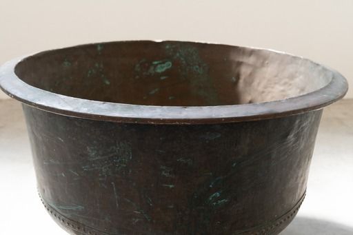 Home Decor Antique Copper Cauldron With Iron Base, With Decorations, 1800s Design Period 1800s photo