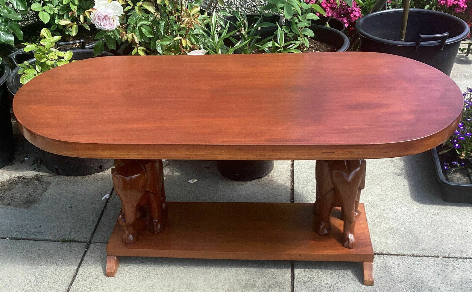 20th C. African Mahogany? Slab Table On Carved Elephant Supports Over Shelf.
