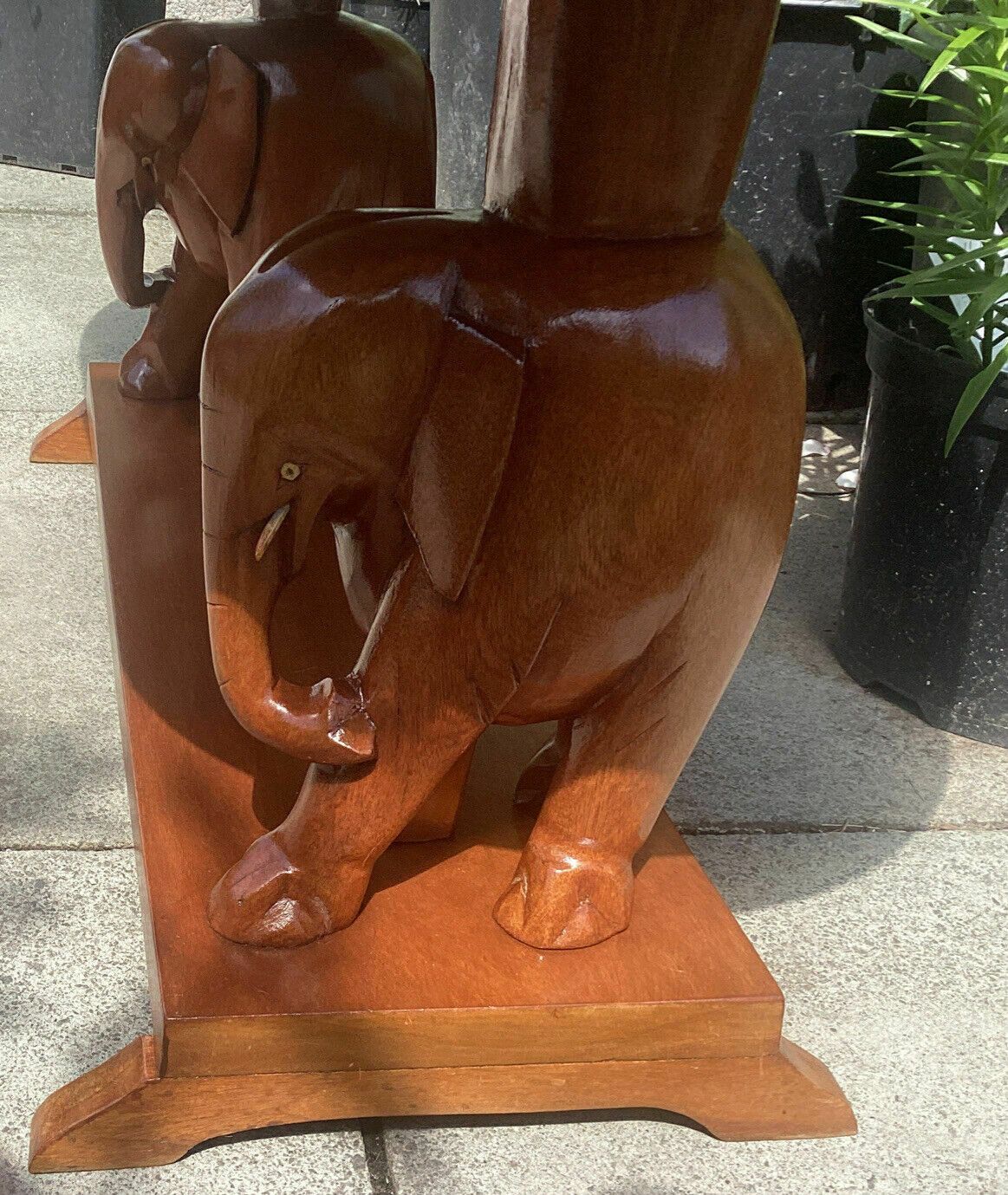 photo buy 20th C. African Mahogany? Slab Table On Carved Elephant Supports Over Shelf.