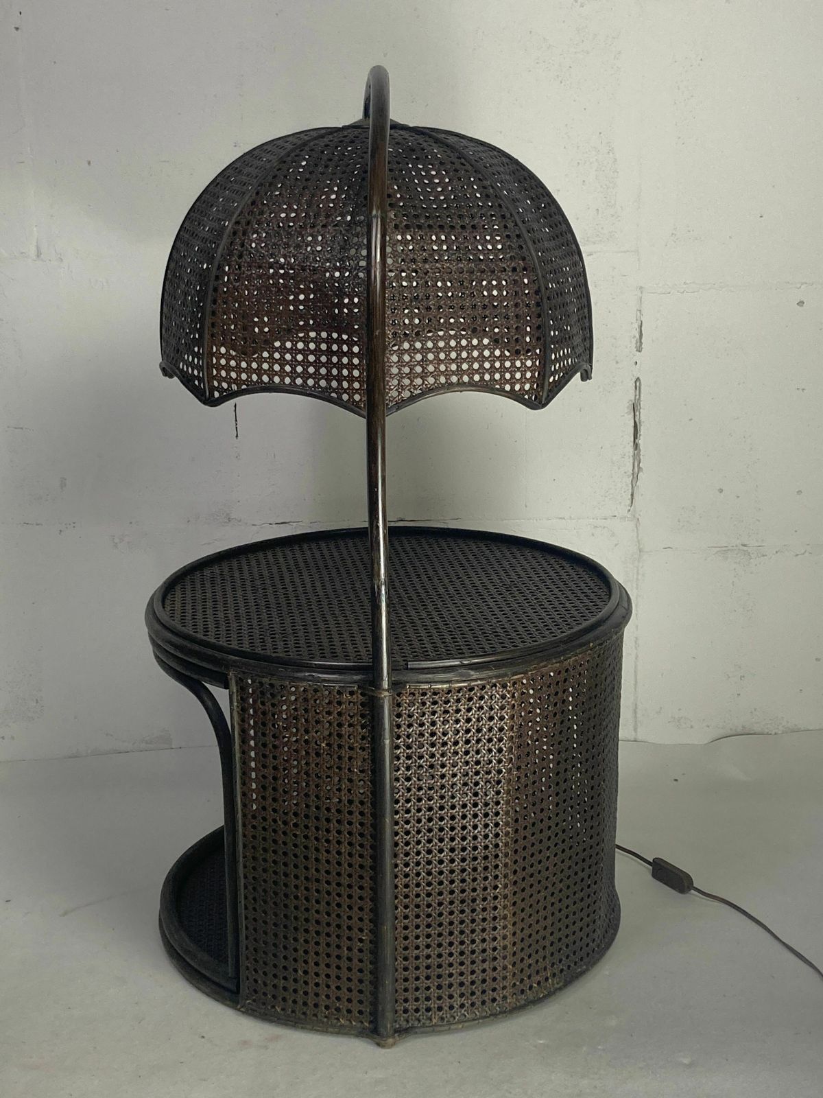 Faux Bamboo Rattan Webbing Side Table With Integrated Hanging Lamp, Dutch 1960s 1970s photo 529.0