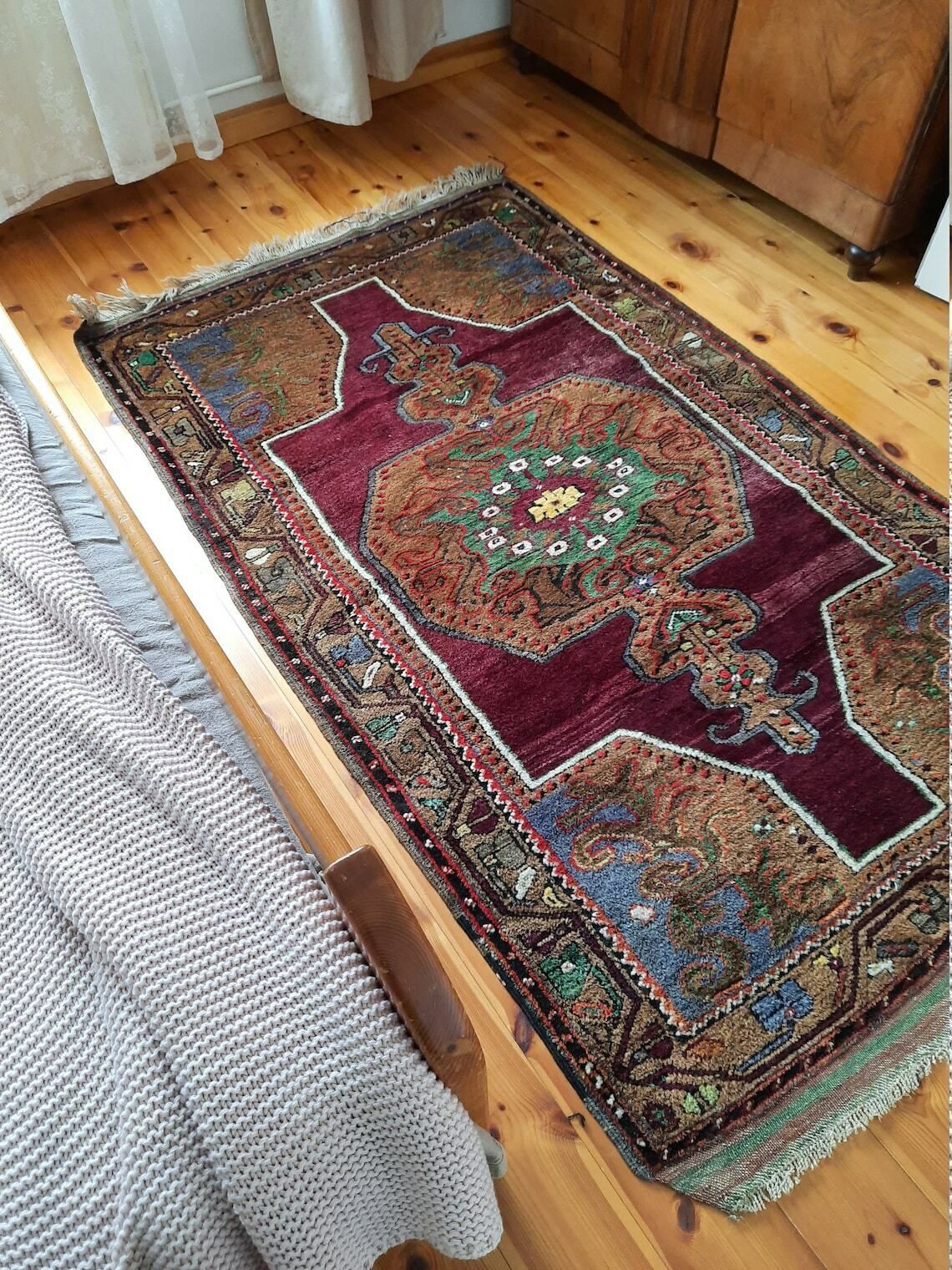 Antique Turkish Oushak Rug With Large Mredallion Design, Soft Wool Burgundy Green Anatolian Carpet, Handknotted Carpet photo Textiles