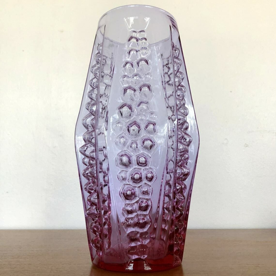 Large Mid Century Italian Neodymium Pink/Blue Glass Vase With Optic Panels Empoli 60's photo furniture