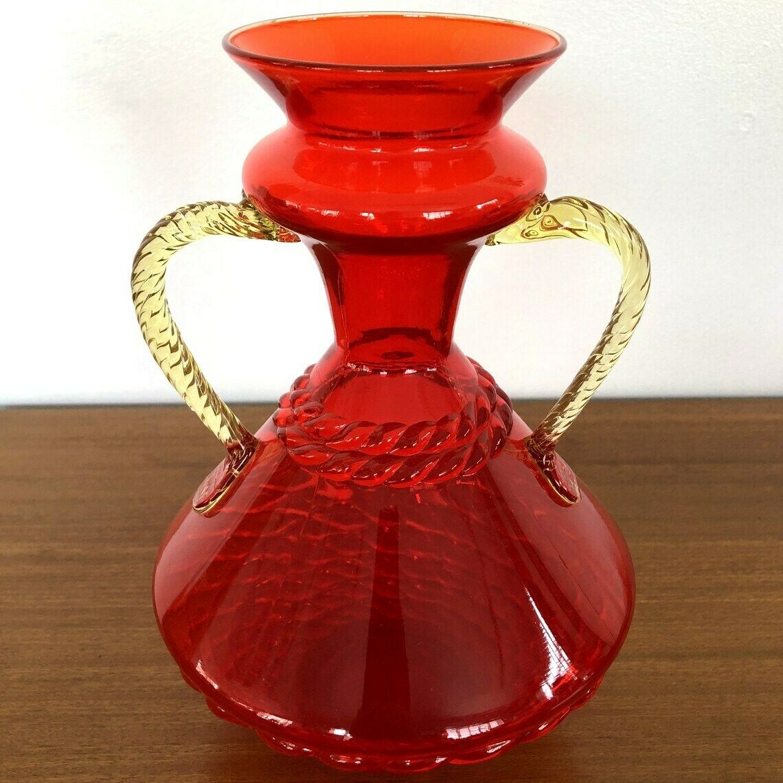 Mid Century Italian Red Glass Vase Basketweave Texture Amber Handles Empoli 60's photo furniture