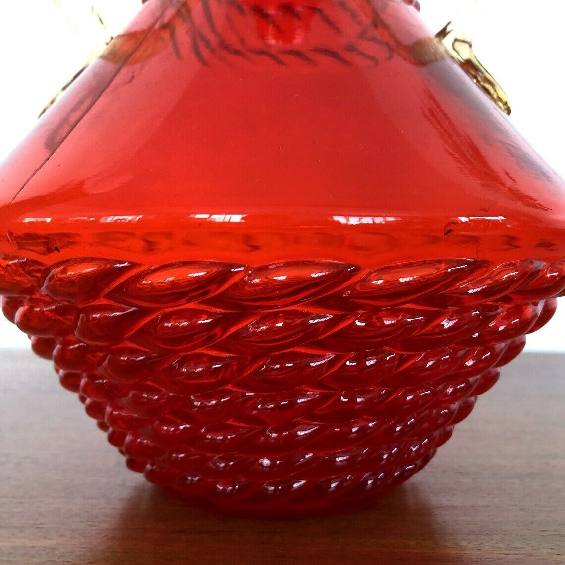 Mid Century Italian Red Glass Vase Basketweave Texture Amber Handles Empoli 60's photo Home Decor