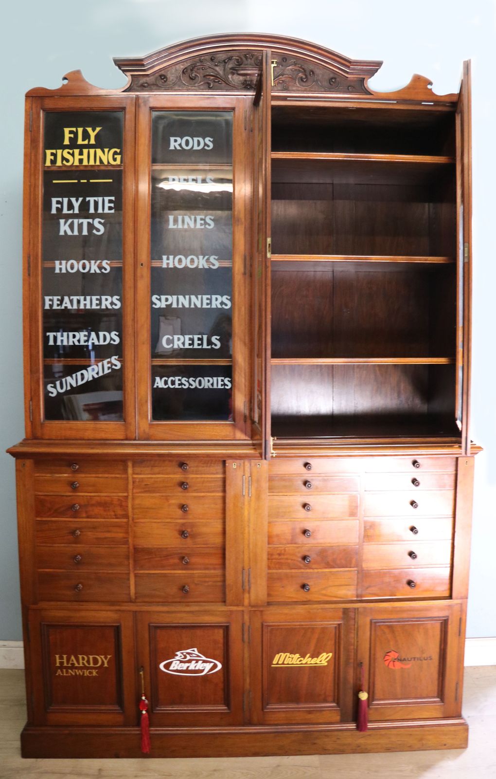 A Victorian American Solid Walnut Shop Cabinet, Later Sign Written For Use In Fishing Supplies Shop. photo for sale