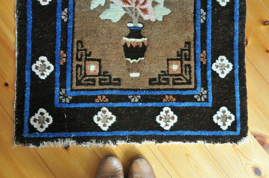 Vintage Chinese Art Deco Rug In Blue And Brown / Small Antique Peking Bathroom And Bedroom Rug Mat Cas139 photo vinterior