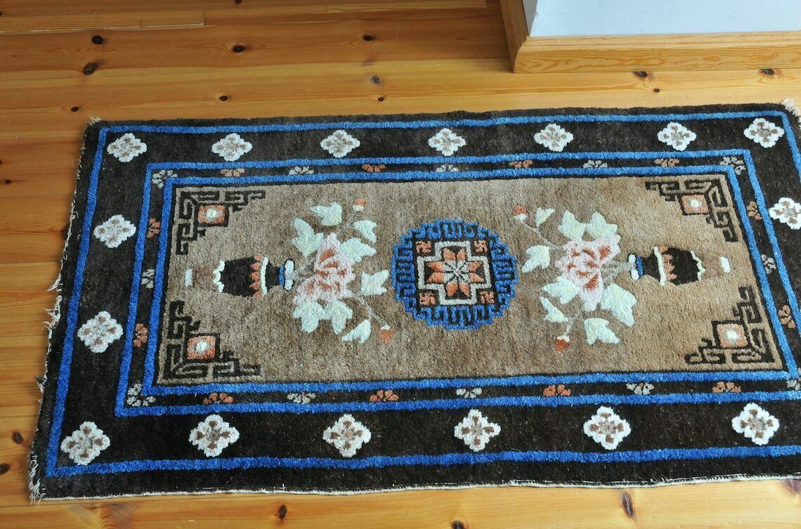 Vintage Chinese Art Deco Rug In Blue And Brown / Small Antique Peking Bathroom And Bedroom Rug Mat Cas139 photo buy