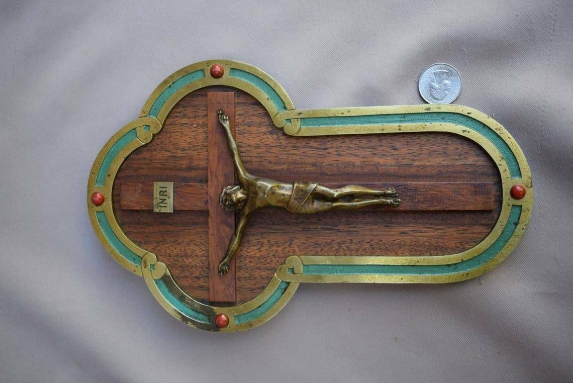 Art Nouveau Wood Crucifix For Wall Cross Bronze photo 161.0