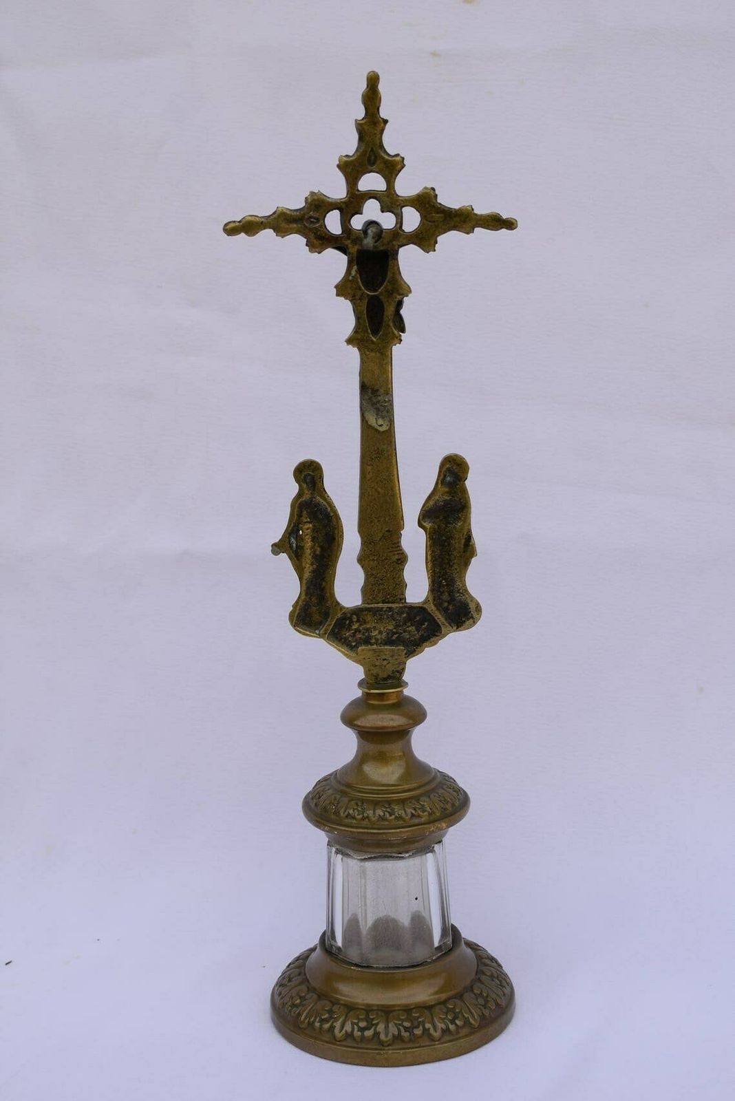 Standing Crucifix Calvary Brass And Glass Altar Cross Church photo vintage