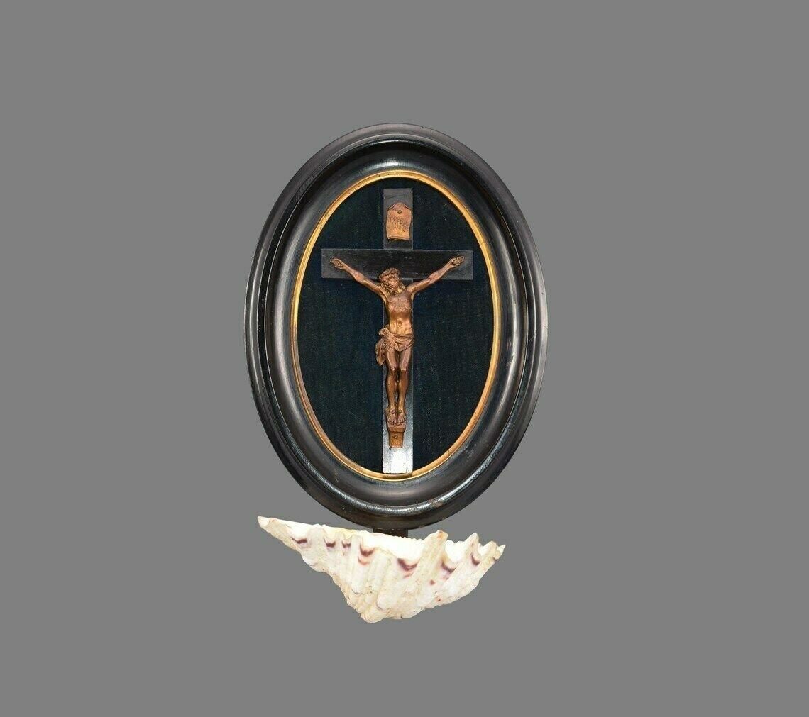 Wall Holy Water Font Crucifix Seashell Vintage Jesus Christ Cross Black Frame