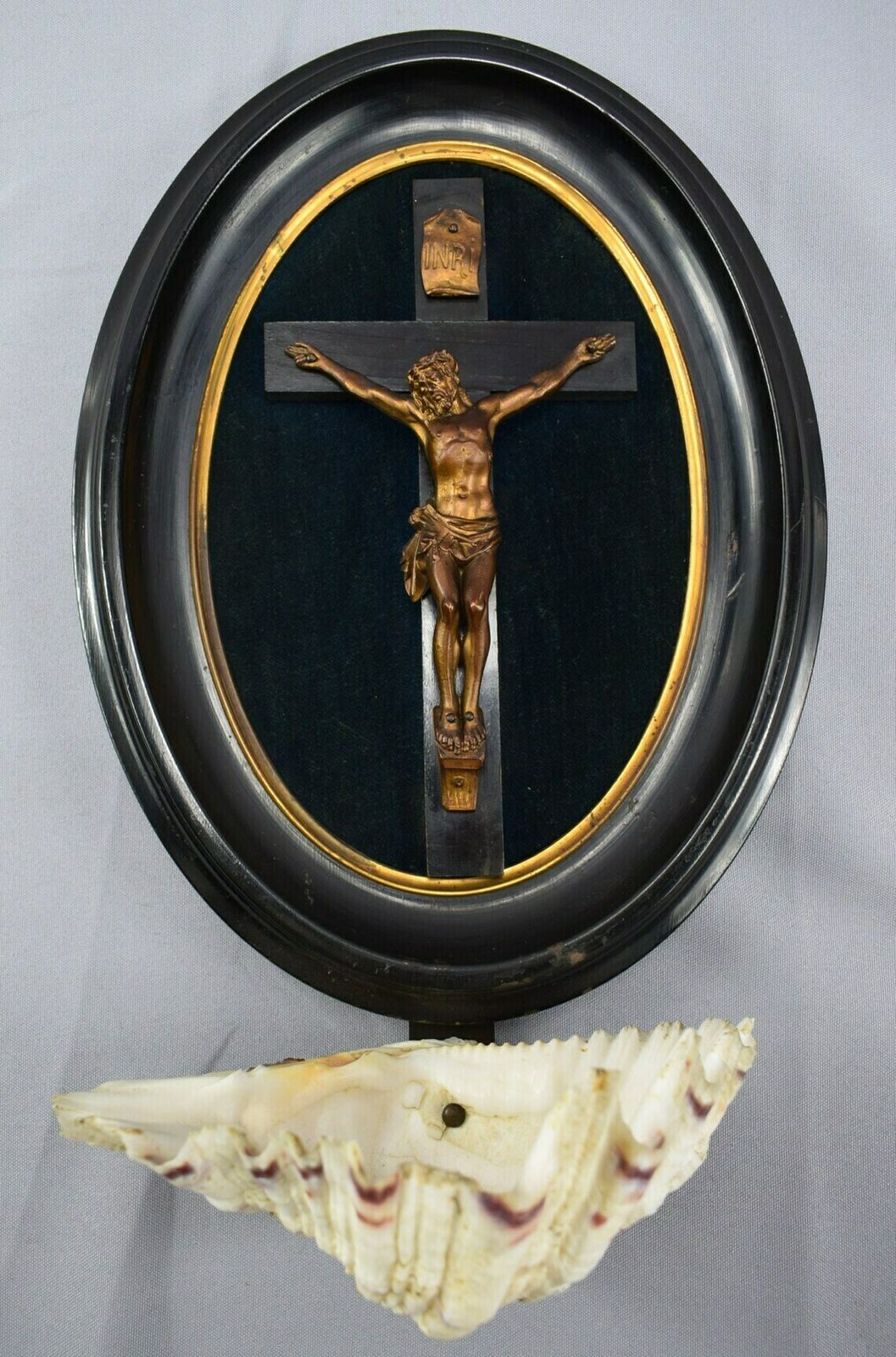 photo for sale Wall Holy Water Font Crucifix Seashell Vintage Jesus Christ Cross Black Frame