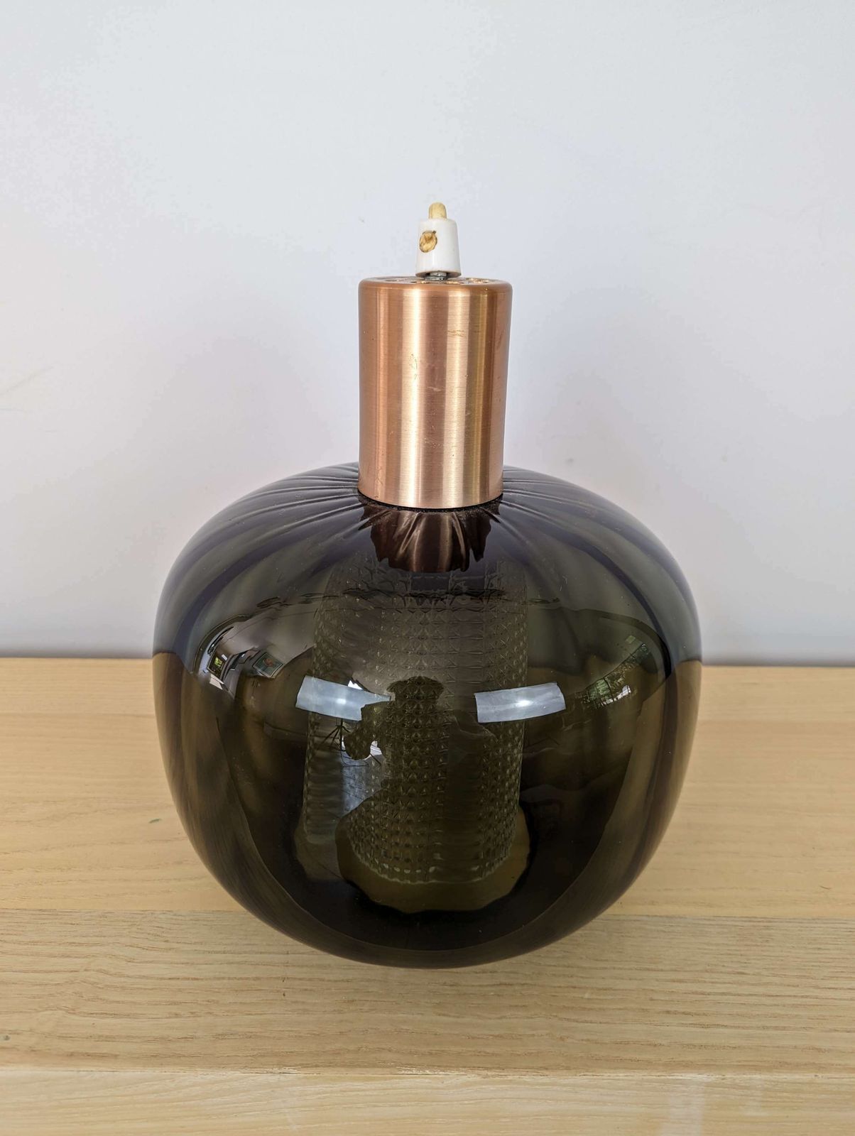 Mid Century Lampshade In Smoked Glass, With A Cut Glass Interior And Copper Top.