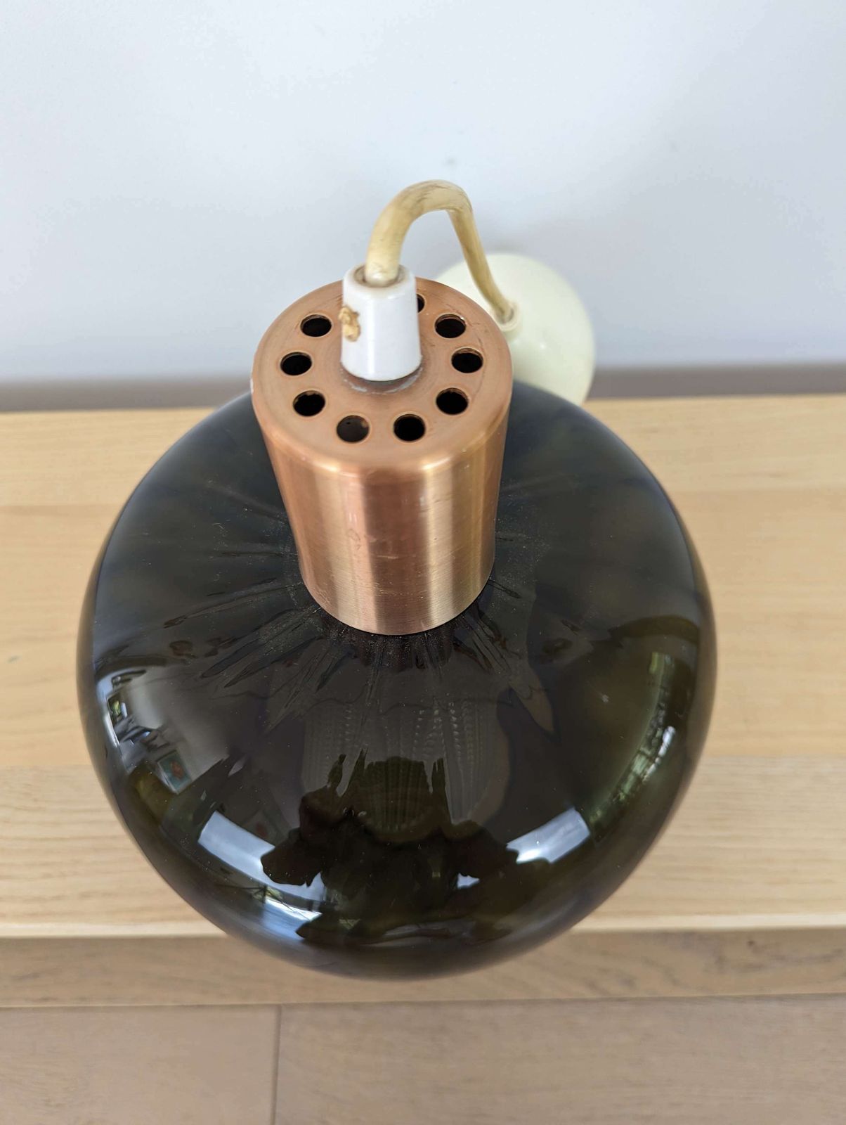 Mid Century Lampshade In Smoked Glass, With A Cut Glass Interior And Copper Top. photo Lighting