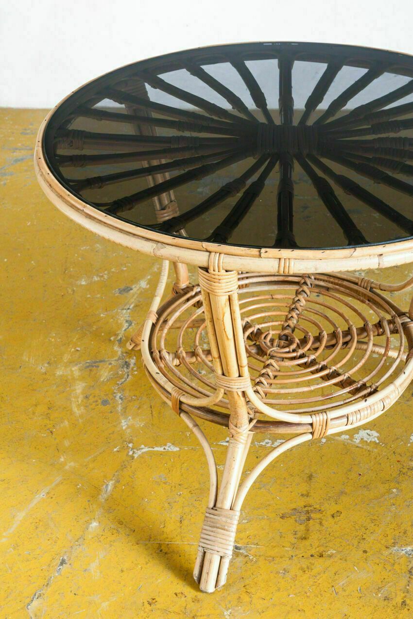 Vintage Side Table In Rattan And Smoked Glass, France 1970 photo 188.0