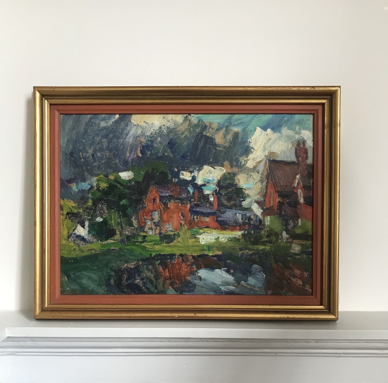Naive Original Oil On Board Painting Of Arts And Crafts Red Brick Buildings photo furniture