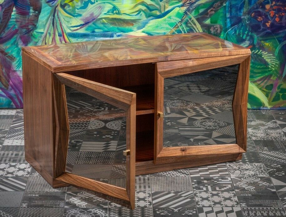 Wood And Glass Cubist Walnut Cabinet With Glass Door photo furniture