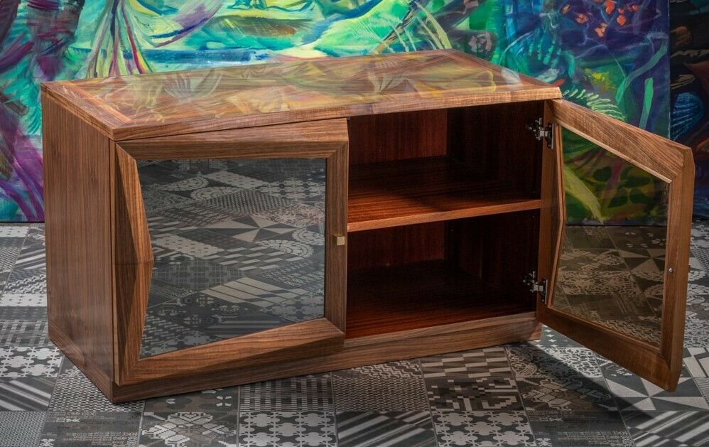 Wood And Glass Cubist Walnut Cabinet With Glass Door photo for sale